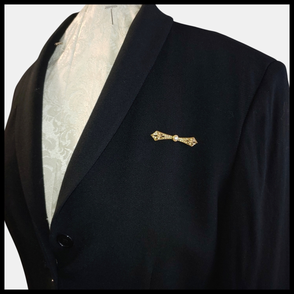 Vintage Rhinestone and Faux Pearl Bar Brooch - Picture 2 of 8
